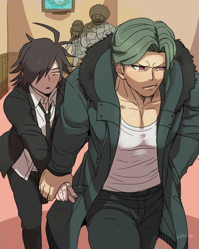 1girl 3boys afro alter_ego asahina_aoi bandai_daisaku black_hair black_neckwear black_pants blanko! constricted_pupils dangan_ronpa dangan_ronpa_3 dangan_ronpa_gaiden:_killer_killer dress_shirt formal fur_trim green_coat green_hair hand_holding highres hijirihara_takumi looking_away multiple_boys necktie pants pectorals pink_eyes red_eyes sakakura_juuzou shirt suit tank_top walking white_shirt