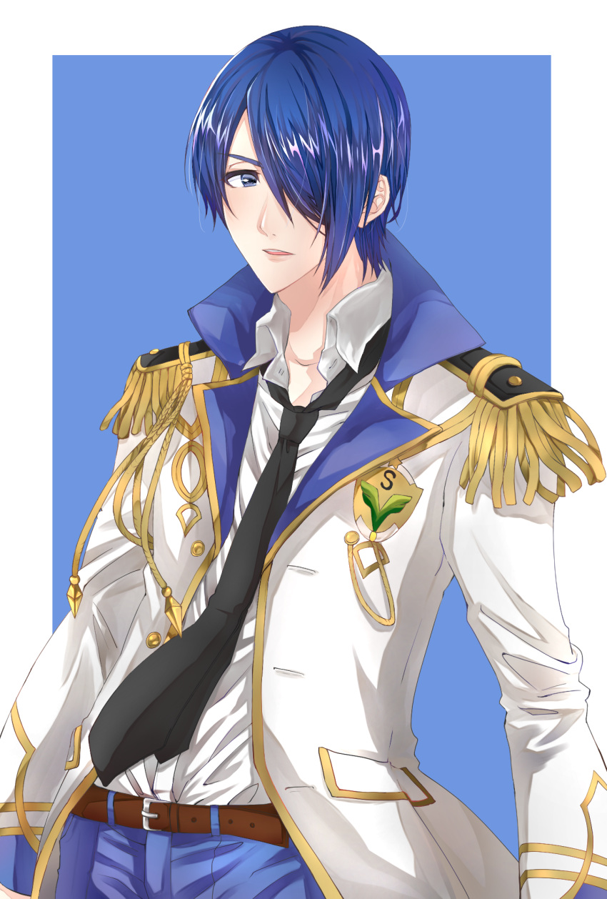 1boy ayakura_azuma belt black_neckwear blue_background blue_eyes blue_hair collar_up epaulettes hair_over_one_eye highres long_sleeves looking_at_viewer magic-kyun!_renaissance male_focus necktie school_uniform simple_background solo standing suminomiya_aoi