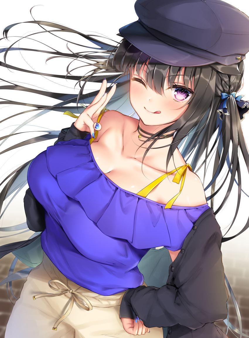 1girl ;q absurdres bangs bare_shoulders black_hair black_jacket blue_bow blue_neckwear blue_shirt blurry blurry_background blush bow braid breasts brown_ribbon brown_skirt cabbie_hat cleavage closed_mouth collarbone commentary_request depth_of_field eyebrows_visible_through_hair fingernails hair_between_eyes hair_bow hair_ribbon hand_on_hip hand_up hat highres jacket jiiwara large_breasts long_hair long_sleeves off-shoulder_shirt one_eye_closed one_side_up open_clothes open_jacket original purple_hat purple_ribbon ribbon shirt simple_background skirt sleeves_past_wrists smile solo tongue tongue_out very_long_hair violet_eyes w white_background