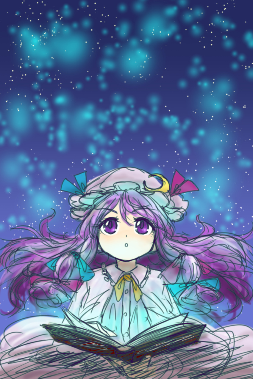 1girl absurdres blue_background book calligraphy character_name crescent crescent_moon_pin cursive english eyebrows_visible_through_hair glowing gradient gradient_background highres light_particles long_hair looking_up magic open_book patchouli_knowledge purple_hair sketch solo sonosaki_kazebayashi touhou upper_body very_long_hair violet_eyes yellow_neckwear