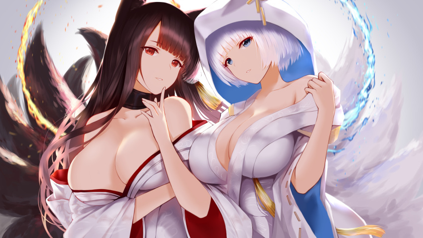 2girls absurdres akagi_(azur_lane) alternate_costume animal_ears arm_under_breasts azur_lane bangs bare_shoulders blue_eyes blush breasts bride brown_hair choker cleavage collarbone dress eyebrows_visible_through_hair finger_to_chin fire fox_ears fox_tail higandgk highres hood japanese_clothes kaga_(azur_lane) kimono large_breasts long_hair looking_at_viewer multiple_girls multiple_tails parted_lips red_eyes short_hair sidelocks skindentation smile tail uchikake upper_body wedding_dress white_hair wide_sleeves wind