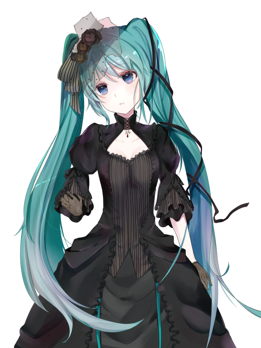 1girl absurdres black_dress black_ribbon blue_eyes blue_hair breasts cleavage cleavage_cutout collarbone cowboy_shot dress eyebrows_visible_through_hair gloves grey_gloves hair_ribbon hatsune_miku head_tilt highres long_dress long_hair parted_lips ribbon shiny shiny_hair small_breasts solo standing tsukasa_(pixiv34617881) twintails very_long_hair vocaloid