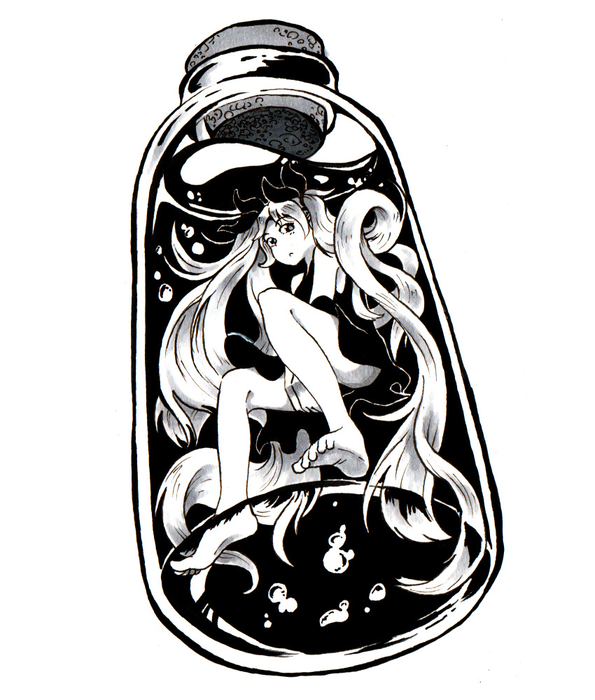 1girl barefoot between_legs black_dress bottle bubble dress hand_between_legs hatsune_miku highres ink_(medium) inktober pompmaker1 shinkai_shoujo_(vocaloid) traditional_media twintails vocaloid water