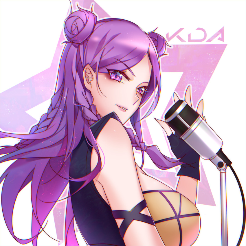 1girl bare_shoulders braid breasts doming double_bun fingerless_gloves gloves hair_bun highres k/da-kai'sa kai'sa league_of_legends lipstick long_hair makeup microphone parted_lips purple_hair smile solo twin_braids upper_body violet_eyes