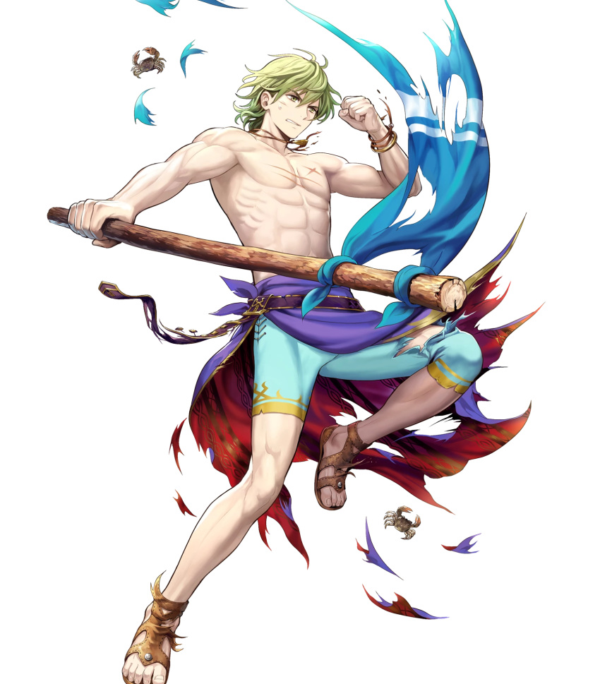 1boy fire_emblem fire_emblem:_seima_no_kouseki fire_emblem_heroes flag full_body green_eyes green_hair highres innes male_focus mayachise nintendo official_art short_hair simple_background solo swimsuit torn_clothes