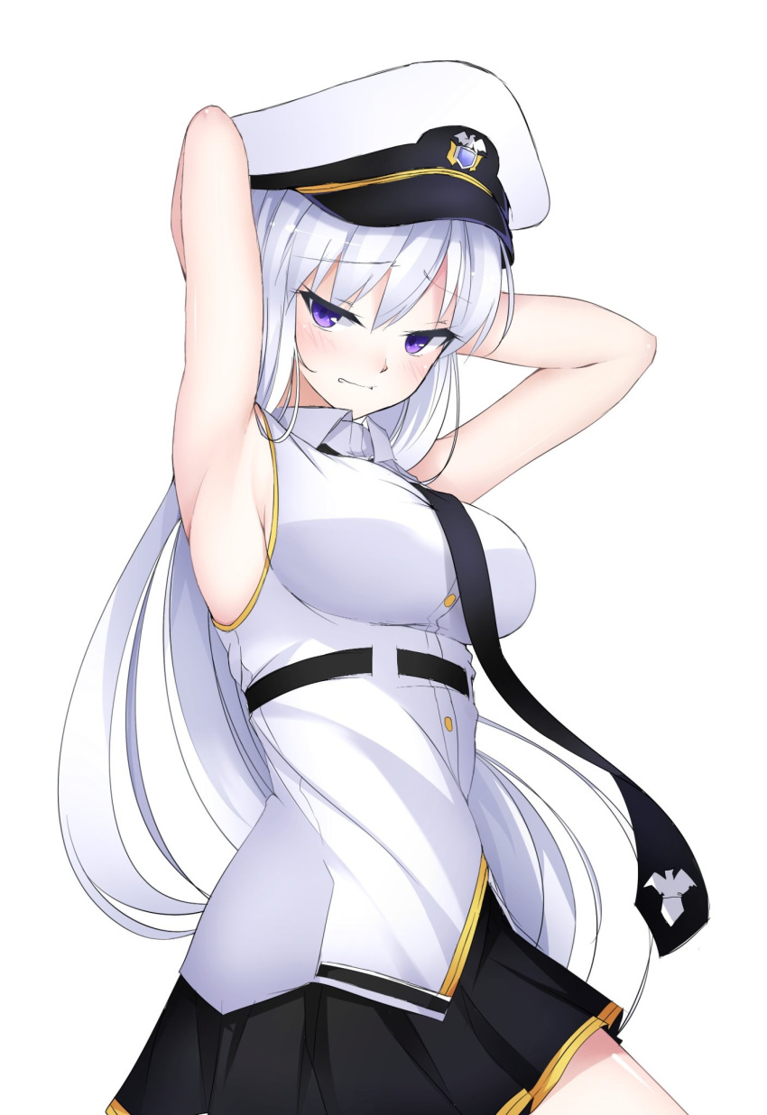 1girl armpits arms_up azur_lane bangs bare_shoulders black_neckwear black_skirt blush breasts collared_shirt commentary_request enterprise_(azur_lane) eyebrows_visible_through_hair hair_between_eyes hat head_tilt highres koro_(tyunnkoro0902) large_breasts long_hair looking_at_viewer military_hat necktie peaked_cap pleated_skirt shirt silver_hair simple_background skirt sleeveless sleeveless_shirt solo very_long_hair violet_eyes white_background white_hat white_shirt