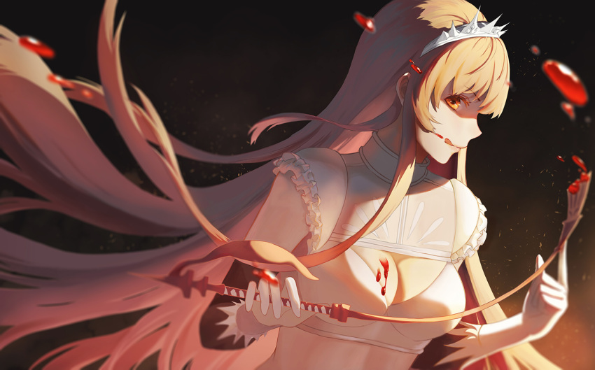 1girl :q bangs bare_shoulders blonde_hair blood blood_on_face blood_splatter breasts cleavage cleavage_cutout closed_mouth commentary_request crop_top dark_background dutch_angle eyebrows_visible_through_hair fate/grand_order fate_(series) frills gloves head_tilt holding light long_hair looking_at_viewer medb_(fate)_(all) medb_(fate/grand_order) medium_breasts olin_(nienxddd) orange_eyes pink_lips profile riding_crop shaded_face sidelocks sideways_glance solo straight_hair tiara tongue tongue_out underwear very_long_hair white_gloves