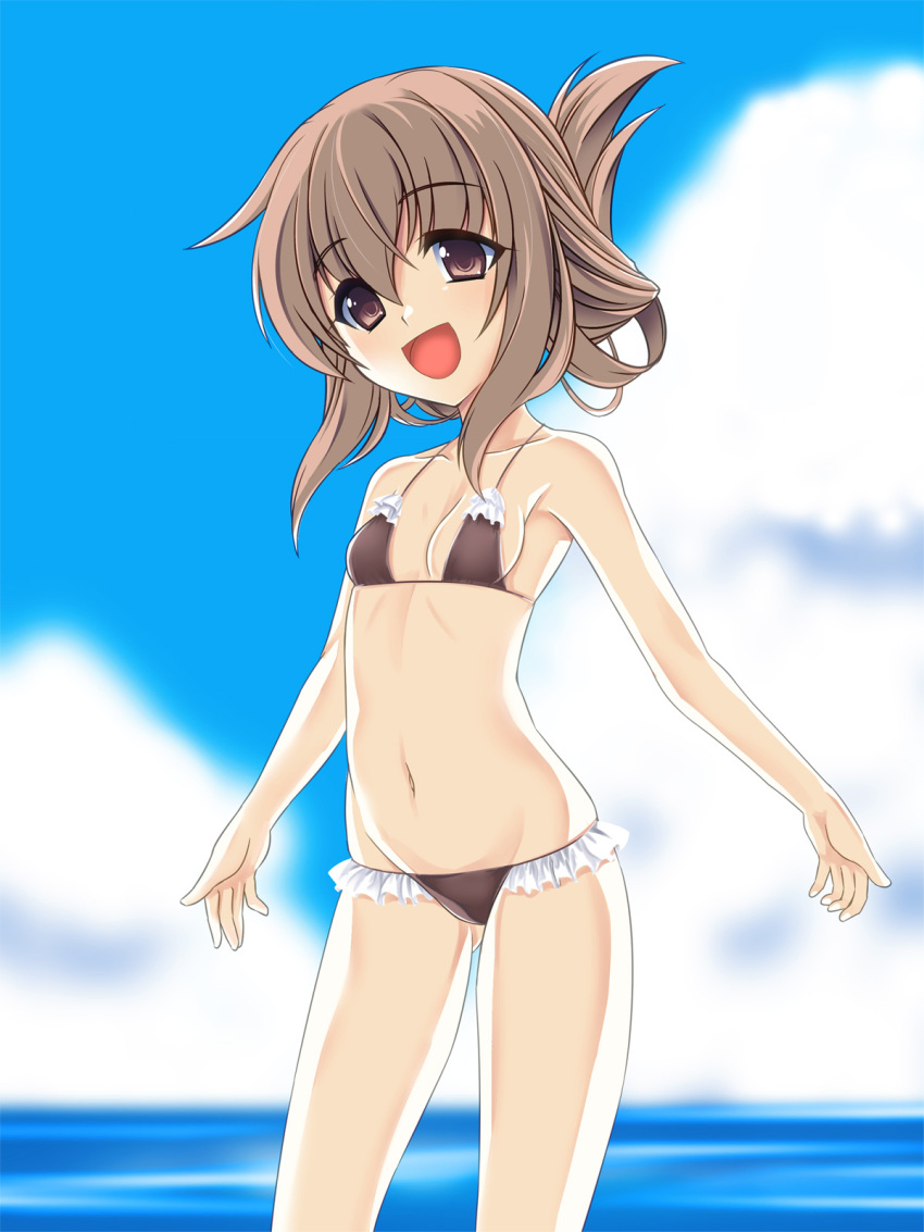 1girl bikini blue_sky brown_bikini brown_eyes brown_hair clouds commentary_request contrapposto cowboy_shot day folded_ponytail frilled_bikini frills hakkai highres inazuma_(kantai_collection) kantai_collection long_hair looking_at_viewer outdoors sky solo standing swimsuit