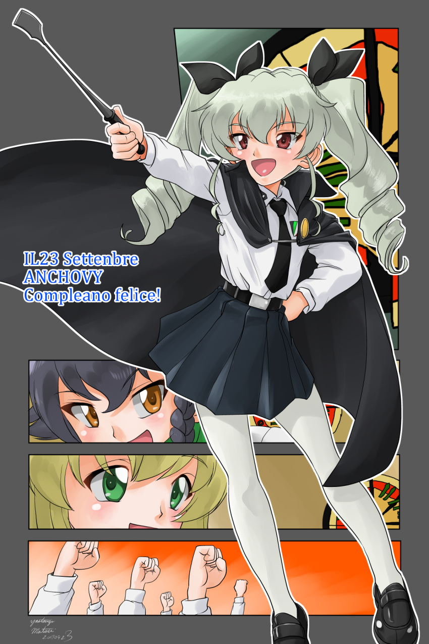 3girls :d anchovy anzio_(emblem) anzio_school_uniform arm_behind_back artist_name bangs belt black_belt black_cape black_footwear black_hair black_neckwear black_ribbon black_skirt blonde_hair braid brown_eyes cape carpaccio character_name commentary dated dress_shirt drill_hair emblem eyebrows_visible_through_hair full_body girls_und_panzer green_eyes green_hair hair_ribbon hand_on_hip highres holding italian leaning_to_the_side loafers long_hair long_sleeves looking_to_the_side matsui_yasutsugu miniskirt multiple_girls necktie open_mouth outside_border pantyhose pepperoni_(girls_und_panzer) pleated_skirt raised_fist red_eyes ribbon riding_crop school_uniform shirt shoes side_braid signature skirt smile standing translation_request twin_drills twintails white_legwear white_shirt