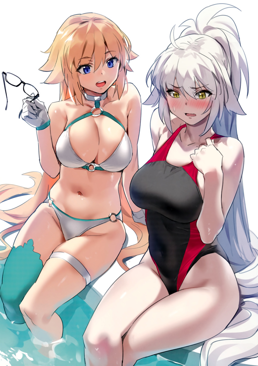 2girls :d absurdres adapted_costume ahoge aqua_legwear arm_support bangs bare_legs bare_shoulders black-framed_eyewear black_swimsuit blonde_hair blue_eyes blush breasts cleavage collarbone competition_swimsuit covered_navel embarrassed eyebrows_visible_through_hair eyewear_removed fate/grand_order fate_(series) gloves grey_hair hair_between_eyes hand_on_own_chest high_ponytail highleg highleg_swimsuit highres holding holding_eyewear jeanne_d'arc_(alter_swimsuit_berserker) jeanne_d'arc_(fate)_(all) jeanne_d'arc_(swimsuit_archer) large_breasts legs_crossed long_hair looking_away looking_down multiple_girls navel nose_blush o-ring o-ring_bikini o-ring_bottom o-ring_top one-piece_swimsuit open_mouth pale_skin ponytail pool poolside round_teeth scan simple_background single_thighhigh sitting smile soaking_feet stomach sweat swimsuit teeth thigh-highs thigh_strap upper_teeth v-shaped_eyebrows very_long_hair water white_background white_gloves yang-do