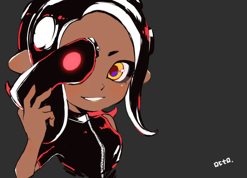 1girl agent_8 black_hair cosplay dark_skin highres holding kinagi_(3307377) looking_at_viewer mask nintendo octarian octoling open_mouth pointy_ears simple_background smile solo splatoon splatoon_2 splatoon_2:_octo_expansion takozonesu takozonesu_(cosplay) tentacle_hair upper_body yellow_eyes