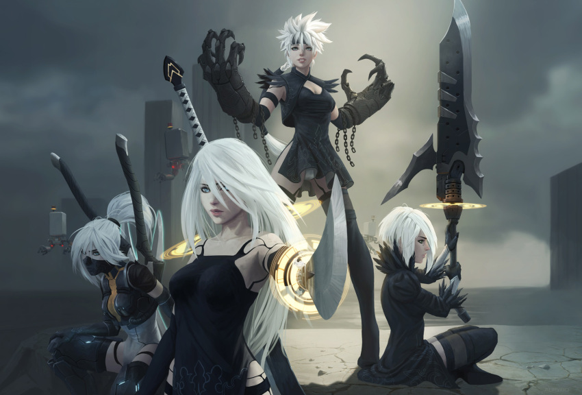 4girls aiming_at_viewer android black_dress blue_eyes braid breasts chains cleavage cleavage_cutout commentary dress drone english_commentary floating_swords hair_over_one_eye headband highres holding holding_weapon huge_weapon katana lips mechanical_arms multiple_girls nier_(series) nier_automata nose pale_skin paul_remy pod_(nier_automata) pointing pointing_at_viewer ponytail robot_joints short_dress short_hair single_braid small_breasts spiky_hair sword weapon weapon_on_back what_if white_hair yorha_type_a_no._2