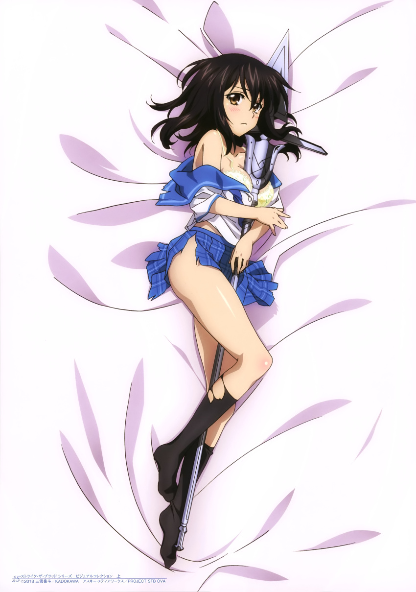 1girl 2018 absurdres bed_sheet black_hair black_legwear blue_skirt blush bra breast_press breasts brown_eyes cleavage collarbone copyright_name dakimakura from_above full_body highres himeragi_yukina holding holding_weapon kneehighs long_hair looking_at_viewer lying medium_breasts miniskirt off_shoulder official_art on_side pleated_skirt polearm saikai_academy_uniform sailor_collar school_uniform shiny shiny_skin shirt short_sleeves skirt solo spear strike_the_blood torn_clothes torn_kneehighs torn_shirt torn_skirt underwear weapon white_bra white_shirt