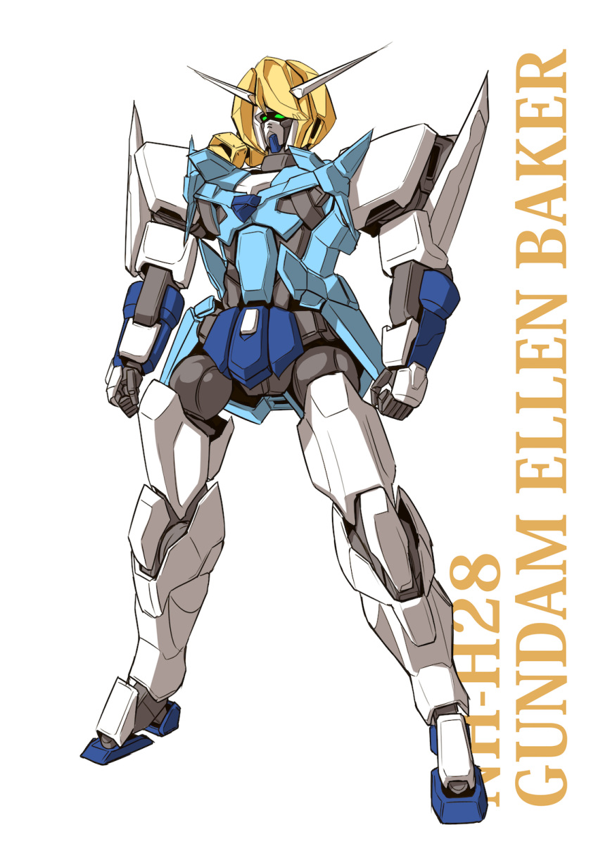 arms_at_sides character_name clenched_hand copyright_name cosplay ellen_baker ellen_baker_(cosplay) green_eyes gundam highres i.takashi mecha new_horizon no_humans rx-78-2 simple_background solo standing white_background