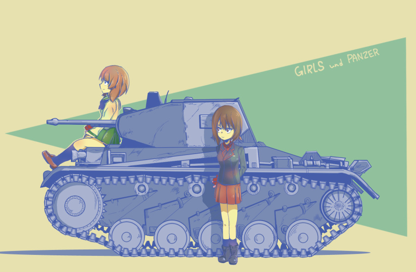 2girls artist_request brown_eyes brown_hair caterpillar_tracks commentary_request girls_und_panzer ground_vehicle highres holding kuromorimine_military_uniform military military_vehicle motor_vehicle multiple_girls nishizumi_maho nishizumi_miho ooarai_school_uniform panzerkampfwagen_ii shirt short_hair siblings simple_background sisters skirt smile standing tank