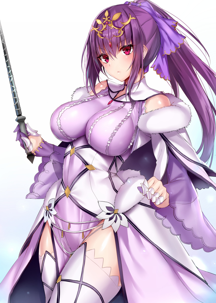 1girl blue_gk bow closed_mouth cowboy_shot dress expressionless fate/grand_order fate_(series) fur_trim hair_bow headpiece highres holding holding_wand impossible_clothes long_hair looking_at_viewer ponytail purple_bow purple_dress purple_hair scathach_(fate)_(all) scathach_skadi_(fate/grand_order) simple_background solo standing thigh-highs violet_eyes wand white_background white_legwear zettai_ryouiki