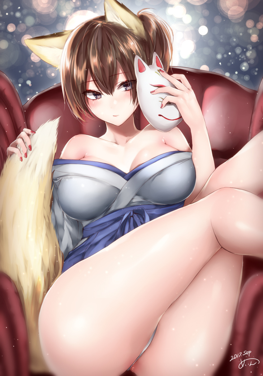 1girl animal_ears blue_hakama blush breasts brown_hair closed_mouth collarbone commentary_request dated fingernails fox_ears fox_mask fox_tail hair_between_eyes hakama highres holding_tail japanese_clothes kaga_(kantai_collection) kantai_collection large_breasts legs_up lips looking_at_viewer mask nail_polish open_clothes red_nails sakiryo_kanna side_ponytail signature sitting smile solo tail violet_eyes