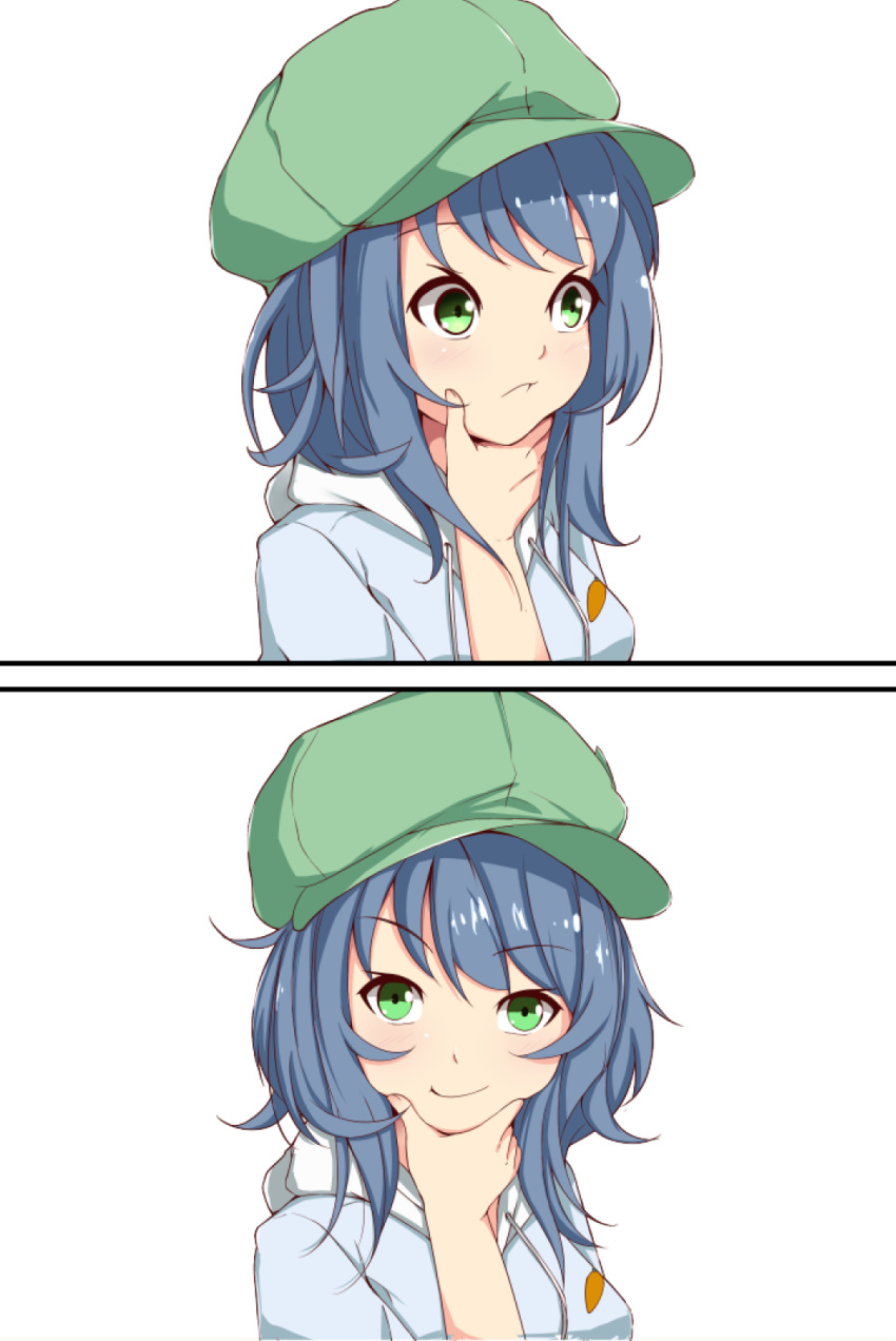 1girl 2koma bangs beathell blue_hair chin_stroking comic eyebrows_visible_through_hair green_eyes green_hat hat highres hood hoodie looking_at_viewer looking_to_the_side medium_hair original peaked_cap short_hair smile smirk upper_body white_background yaruo