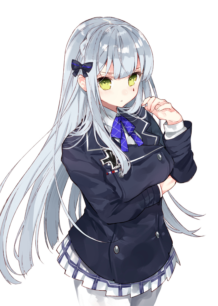 1girl :o alternate_costume bangs blue_neckwear bow braid breast_hold breasts commentary cowboy_shot double-breasted facial_mark girls_frontline green_eyes hair_bow hasegawa_(rarairairai) highres hk416_(girls_frontline) iron_cross jacket long_hair long_sleeves looking_at_viewer medium_breasts pantyhose plaid plaid_skirt pleated_skirt school_uniform silver_hair simple_background skirt solo standing teardrop white_background white_legwear wing_collar