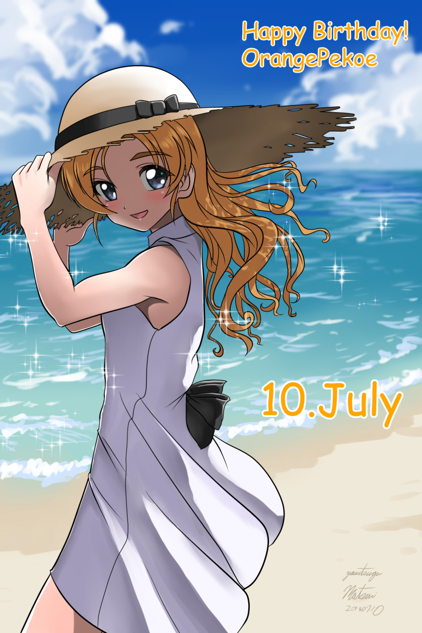 1girl adjusting_clothes adjusting_hat alternate_hairstyle artist_name bangs beach black_bow blue_eyes blue_sky blush bow character_name clouds cloudy_sky commentary_request cowboy_shot dated day dress english eyebrows_visible_through_hair girls_und_panzer hair_down happy_birthday hat hat_bow highres long_hair looking_at_viewer matsui_yasutsugu ocean open_mouth orange_hair orange_pekoe outdoors short_dress signature sky smile solo sparkle standing straw_hat sun_hat white_dress