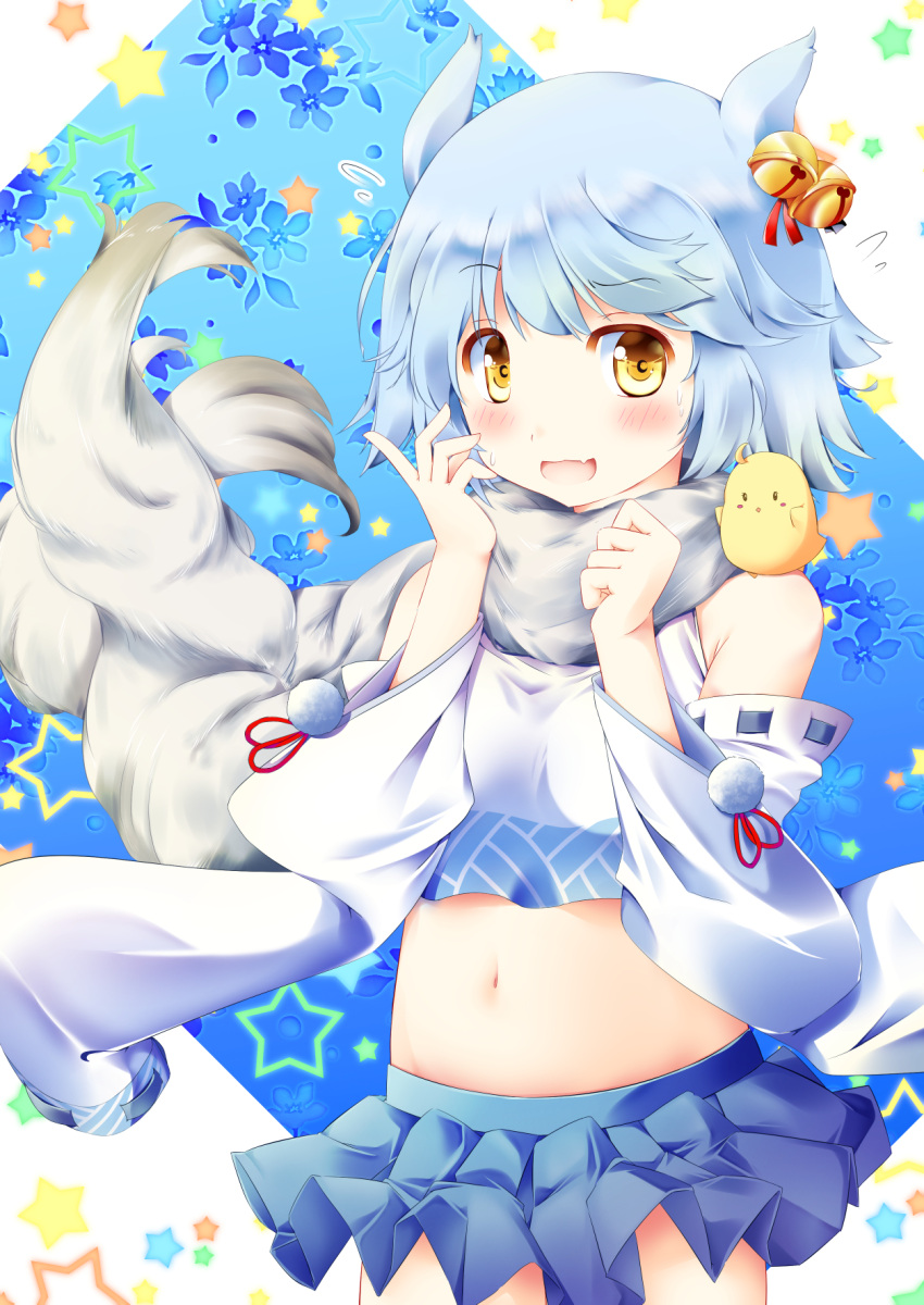 1girl animal animal_ears animal_on_shoulder azur_lane bell blue_hair blue_skirt chick_on_shoulder cowboy_shot detached_sleeves fang floral_background fox_ears fubuki_(azur_lane) hair_bell hair_ornament highres midriff navel open_mouth pleated_skirt scarf short_hair skirt smile star starry_background two-tone_background white_scarf yellow_eyes yuu~