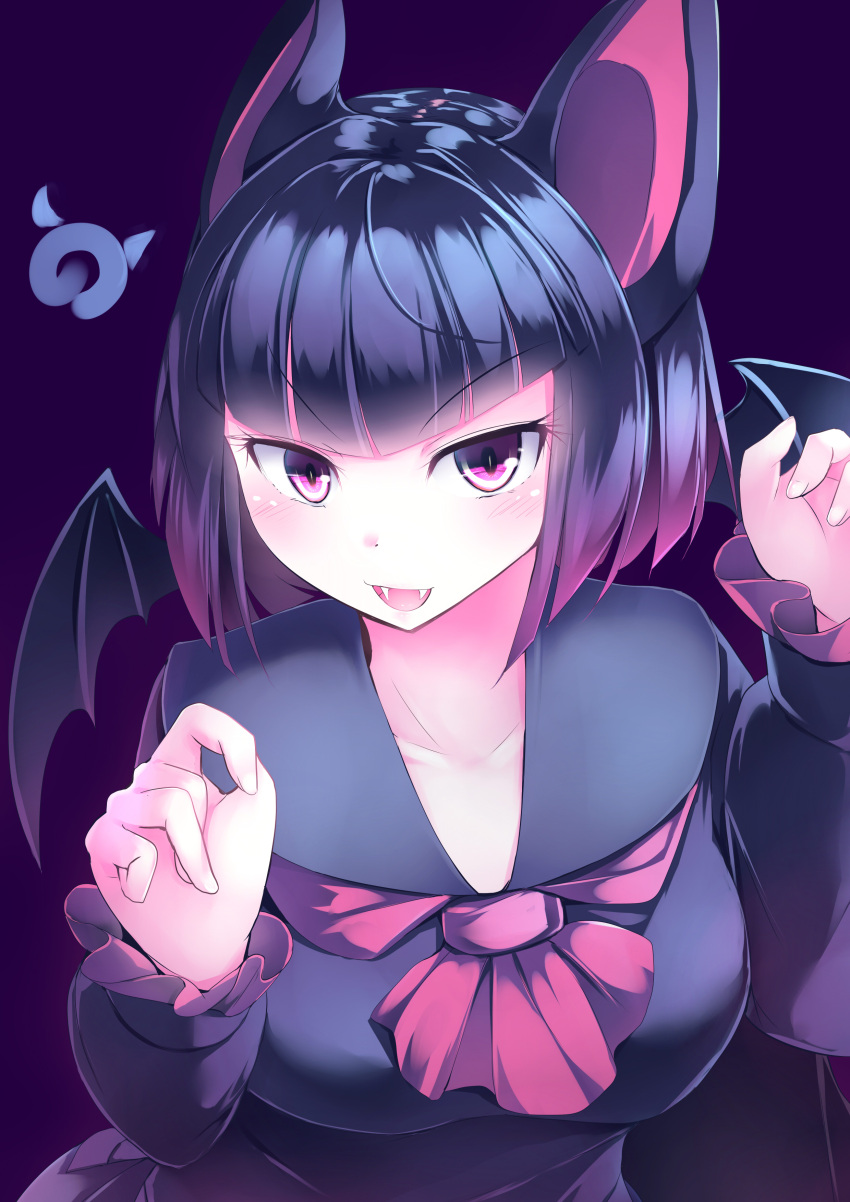 1girl :d absurdres animal_ears bangs bat_ears bat_wings black_hair blunt_bangs blush breasts claw_pose collarbone commentary_request common_vampire_bat_(kemono_friends) eyebrows_visible_through_hair fangs gradient_hair head_wings highres japari_symbol kanzakietc kemono_friends long_sleeves looking_at_viewer medium_breasts multicolored_hair open_mouth purple_background purple_hair short_hair simple_background smile solo upper_body v-shaped_eyebrows violet_eyes wings