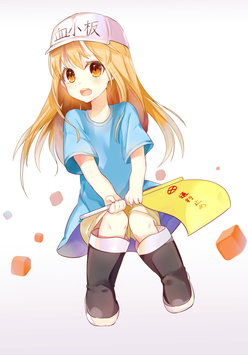 1girl :d absurdres black_footwear blonde_hair blue_shirt boots brown_eyes character_name flag floating_hair full_body hair_between_eyes hat hataraku_saibou highres holding holding_flag long_hair looking_at_viewer open_mouth platelet_(hataraku_saibou) shirt short_sleeves shorts simple_background smile solo tsukasa_(pixiv34617881) white_background white_hat yellow_shorts