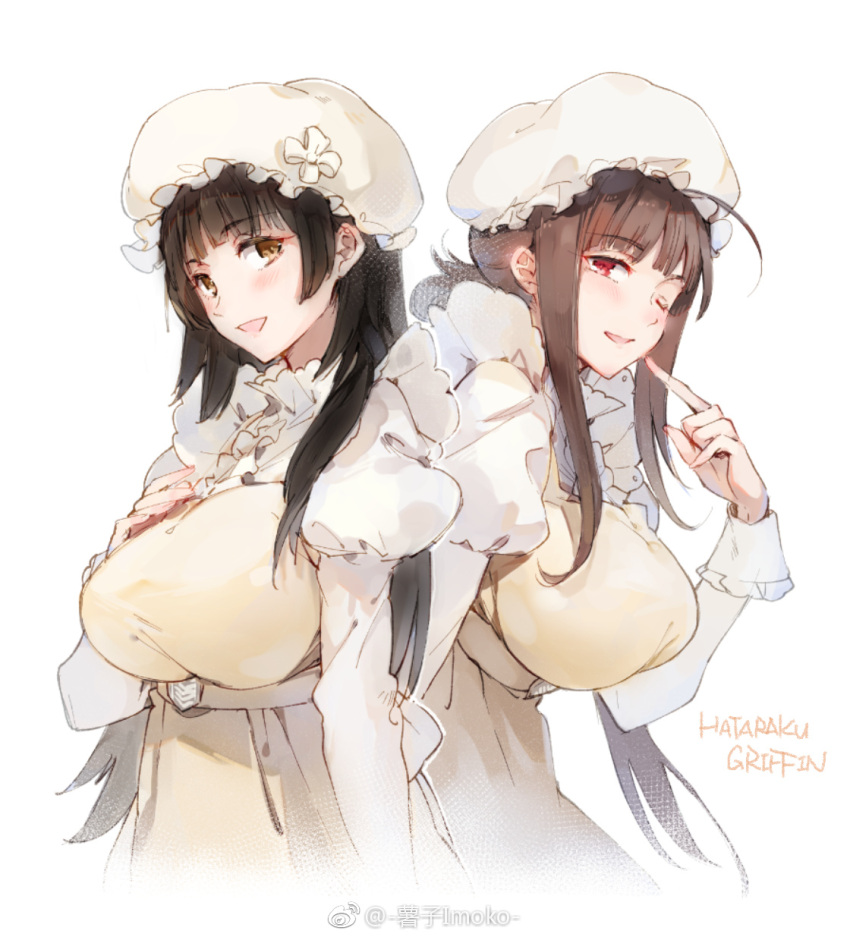 2girls ahoge apron black_hair brown_hair chinese_commentary commentary_request cosplay dsr-50_(girls_frontline) girls_frontline hataraku_saibou highres macrophage_(hataraku_saibou) macrophage_(hataraku_saibou)_(cosplay) maid_apron maid_headdress multiple_girls one_eye_closed qbz-95_(girls_frontline) red_eyes shuzi smile yellow_eyes