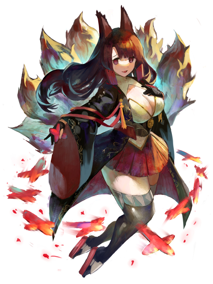 1girl :d absurdres aircraft airplane akagi_(azur_lane) animal_ears azur_lane bangs black_gloves black_hair black_kimono black_legwear blunt_bangs breasts bright_pupils cleavage collarbone eyebrows eyebrows_visible_through_hair eyeliner eyeshadow fang fire floating_hair fox_ears fox_girl fox_tail full_body gloves hair_between_eyes hair_ornament hakama hakama_skirt hand_on_own_chest highres holding japanese_clothes kikumon kimono kitsune large_breasts long_hair long_sleeves looking_at_viewer makeup miniskirt multiple_tails ogimotozukin open_mouth partly_fingerless_gloves pleated_skirt red_eyes red_skirt sandals simple_background skirt smile solo swept_bangs tabi tail tareme tassel tasuki thigh-highs tongue turtleneck underbust violet_eyes white_background white_pupils wide_sleeves zettai_ryouiki