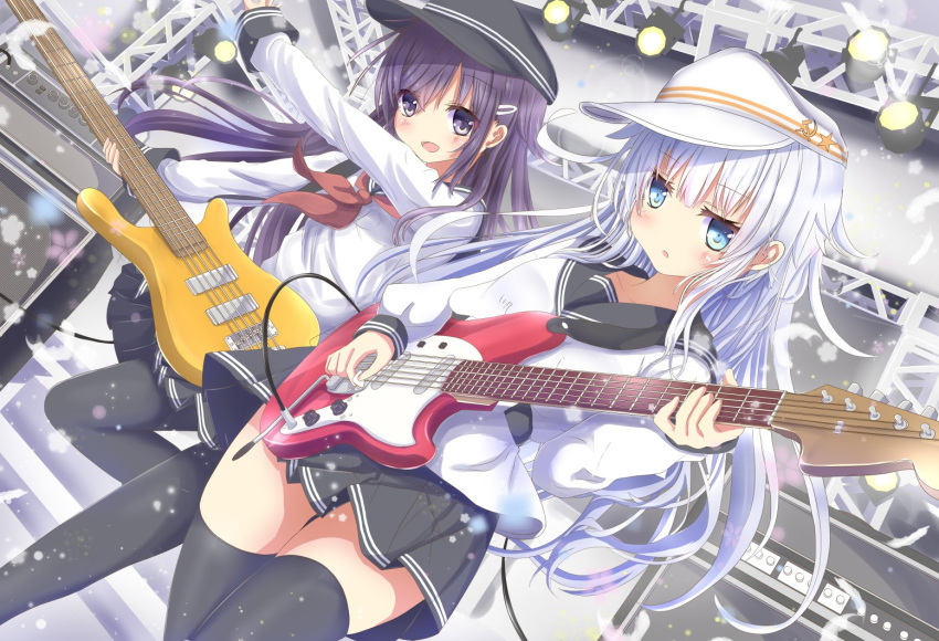 2girls akatsuki_(kantai_collection) aruka_(alka_p1) bass_guitar belt black_hat black_legwear black_sailor_collar black_skirt blue_eyes commentary concert flat_cap guitar hair_between_eyes hair_ornament hairclip hammer_and_sickle hat hibiki_(kantai_collection) instrument kantai_collection long_hair long_sleeves messy_hair multiple_girls neckerchief open_mouth pantyhose pleated_skirt plectrum purple_hair red_neckwear sailor_collar school_uniform serafuku shirt silver_hair skirt speaker stage stage_lights thigh-highs verniy_(kantai_collection) violet_eyes white_hat white_serafuku white_shirt