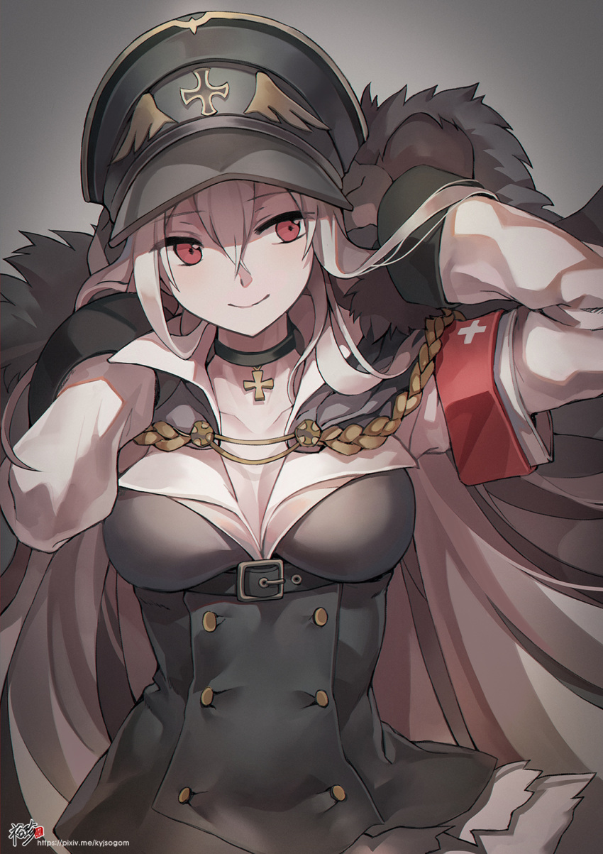 1girl aiguillette armband arms_behind_head bangs belt black_hat blush breasts buckle cleavage closed_mouth collarbone double-breasted dress eyebrows_visible_through_hair fur_trim girls_frontline hair_between_eyes hat highres iron_cross jacket_on_shoulders kar98k_(girls_frontline) kyjsogom long_hair looking_at_viewer medium_breasts peaked_cap red_eyes sidelocks signature smile solo underbust very_long_hair white_hair