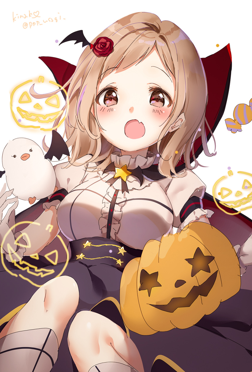 1girl :o bangs black_cape black_shirt blush breasts brown_eyes candy_wrapper cape center_frills commentary_request eyebrows_visible_through_hair fang flower frilled_gloves frills gloves hair_flower hair_ornament high-waist_skirt high_collar highres idolmaster idolmaster_shiny_colors jack-o'-lantern kneehighs light_brown_hair long_hair looking_at_viewer medium_breasts multicolored multicolored_cape multicolored_clothes open_mouth puffy_short_sleeves puffy_sleeves red_cape red_flower red_rose rose sakuragi_mano shiratama_akane shirt short_sleeves signature simple_background skirt solo twitter_username white_background white_gloves white_legwear white_shirt