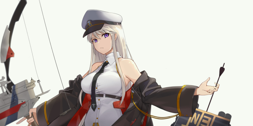 1girl arrow azur_lane bangs bare_shoulders blush bow_(weapon) breasts compound_bow enterprise_(azur_lane) expressionless eyebrows_visible_through_hair grey_background hat holding holding_arrow holding_bow_(weapon) holding_weapon large_breasts long_hair looking_at_viewer necktie peaked_cap shirt silver_hair simple_background skirt sleeveless sleeveless_shirt smile solo very_long_hair violet_eyes weapon xiujia_yihuizi