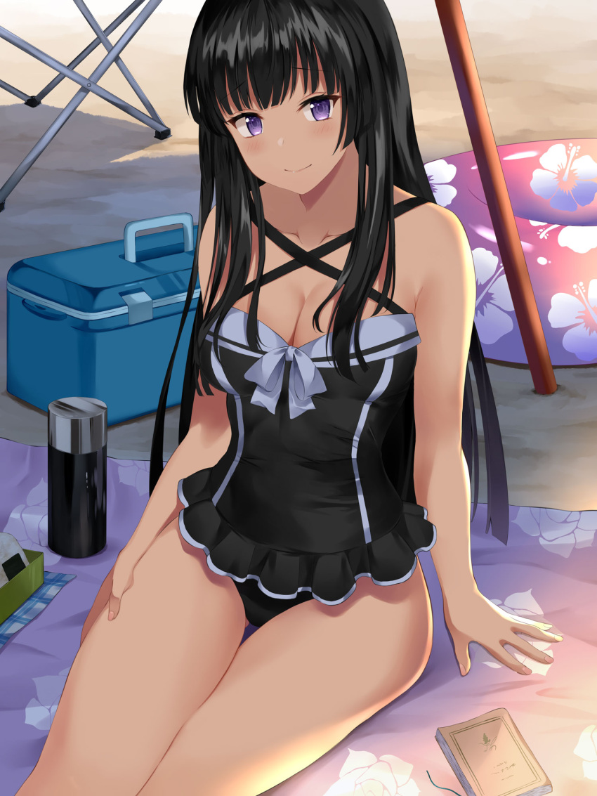 1girl asato_(fadeless) bang_dream! bangs beach black_hair black_swimsuit book breasts cleavage collarbone commentary_request cooler criss-cross_halter food halterneck hand_on_own_thigh highres innertube long_hair looking_at_viewer medium_breasts neck_ribbon one-piece_swimsuit onigiri ribbon shirokane_rinko sitting smile solo swimsuit thermos towel violet_eyes white_neckwear