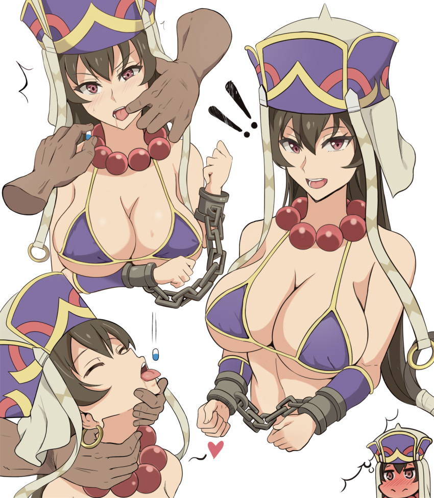 !! 1girl artist_request bangs bare_shoulders bead_necklace beads bikini bikini_top blush bound breasts brown_hair chains cleavage collarbone cuffs detached_sleeves disembodied_limb earrings fate/grand_order fate_(series) finger_in_mouth full-face_blush hair_between_eyes hat heart highres hoop_earrings jewelry large_breasts long_hair looking_at_viewer multiple_views necklace open_mouth pill prayer_beads purple_bikini shackles simple_background solo_focus swimsuit thought_bubble tongue tongue_out violet_eyes white_background xuanzang_(fate/grand_order)