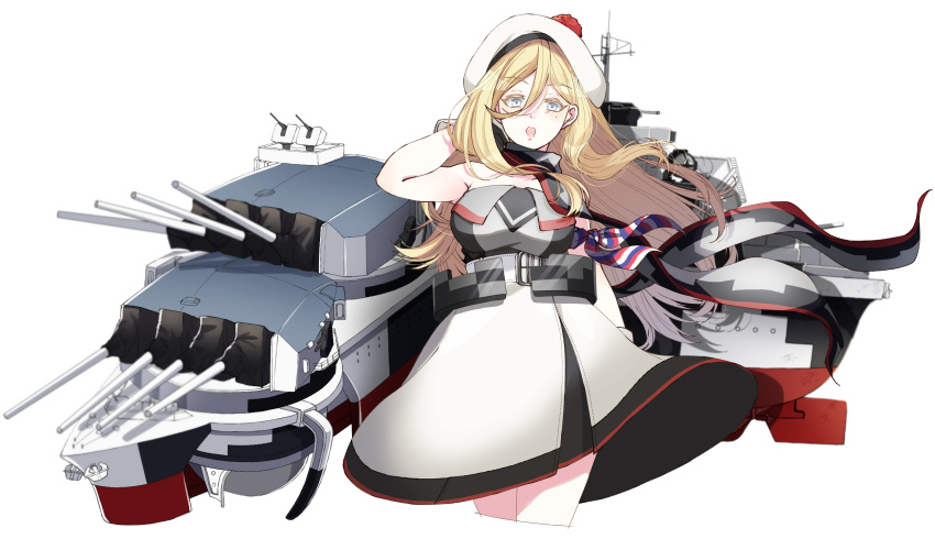 1girl beret blonde_hair blue_eyes breasts cannon cowboy_shot dress gloves hair_between_eyes hat highres kantai_collection large_breasts long_hair machinery mole mole_under_eye mole_under_mouth multicolored multicolored_clothes multicolored_dress multicolored_gloves multicolored_legwear multicolored_scarf open_mouth pom_pom_(clothes) richelieu_(kantai_collection) scarf simple_background solo strapless strapless_dress tanaka_io_(craftstudio) turret white_background white_hat