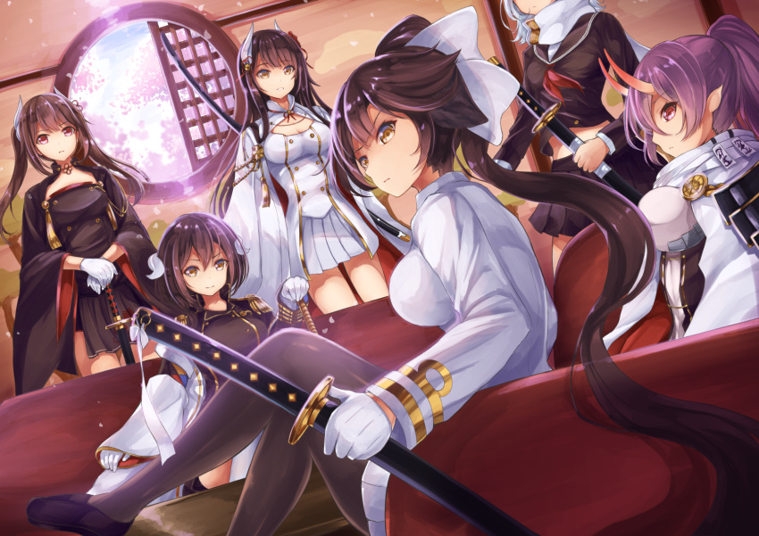 6+girls azur_lane bangs bell black_footwear black_jacket black_sailor_collar black_serafuku black_shirt black_skirt blue_sky bow breasts brown_eyes brown_hair brown_jacket brown_legwear brown_skirt cherry_blossoms closed_mouth commentary_request curled_horns day dutch_angle epaulettes eyebrows_visible_through_hair flower gloves hair_bell hair_between_eyes hair_bow hair_ornament hand_on_hilt hands_on_hilt haruna_(azur_lane) head_out_of_frame hiei_(azur_lane) high_ponytail highres holding holding_sheath horns indoors izumo_(azur_lane) jacket jingle_bell katana large_breasts legs_crossed loafers long_hair long_sleeves maya_(azur_lane) mikasa_(azur_lane) military_jacket multiple_girls neckerchief oni oni_horns own_hands_together pantyhose parted_lips petals pink_flower pleated_skirt ponytail profile purple_hair red_eyes red_neckwear round_window sagaradai sailor_collar scarf school_uniform serafuku sheath sheathed shirt shoes skirt sky sleeves_past_wrists smile standing sword takao_(azur_lane) tassel very_long_hair weapon white_bow white_gloves white_jacket white_scarf white_skirt wide_sleeves