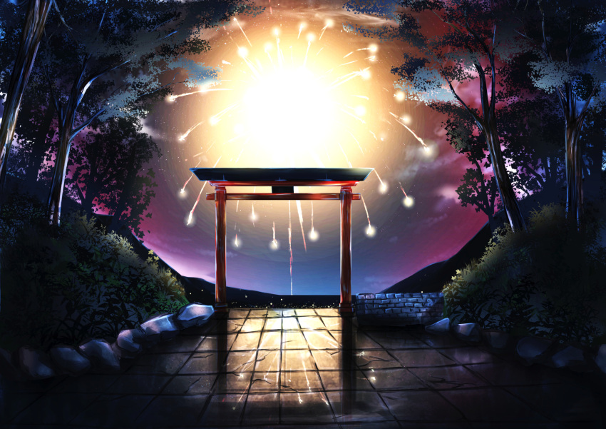 aerial_fireworks crack fireworks forest highres light light_particles nameless_neet nature night night_sky no_humans original outdoors plant reflection rock scenery sky stone_wall tile_floor tiles torii tree wall