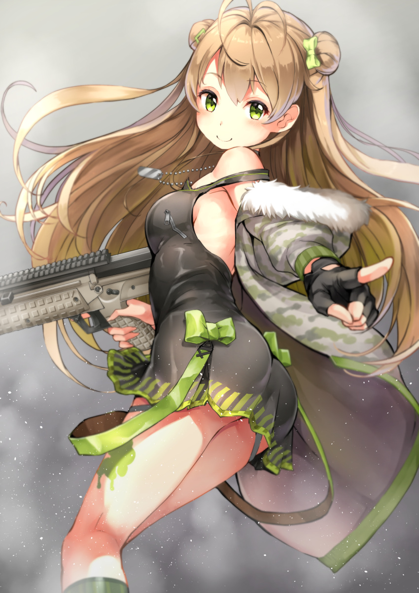 1girl antenna_hair bangs bare_shoulders black_dress black_gloves blush breasts camouflage_jacket closed_mouth commentary_request dog_tags double_bun dress eyebrows_visible_through_hair fingerless_gloves fingernails fur-trimmed_jacket fur_trim girls_frontline gloves green_eyes green_legwear grey_background grey_jacket gun hair_between_eyes head_tilt highres holding holding_gun holding_weapon jacket kneehighs light_brown_hair long_hair long_sleeves looking_at_viewer looking_to_the_side object_namesake off_shoulder pointing puffy_long_sleeves puffy_sleeves rfb_(girls_frontline) rin2008 side_bun single_glove sleeveless sleeveless_dress small_breasts smile solo striped striped_legwear trigger_discipline vertical-striped_legwear vertical_stripes very_long_hair weapon weapon_request