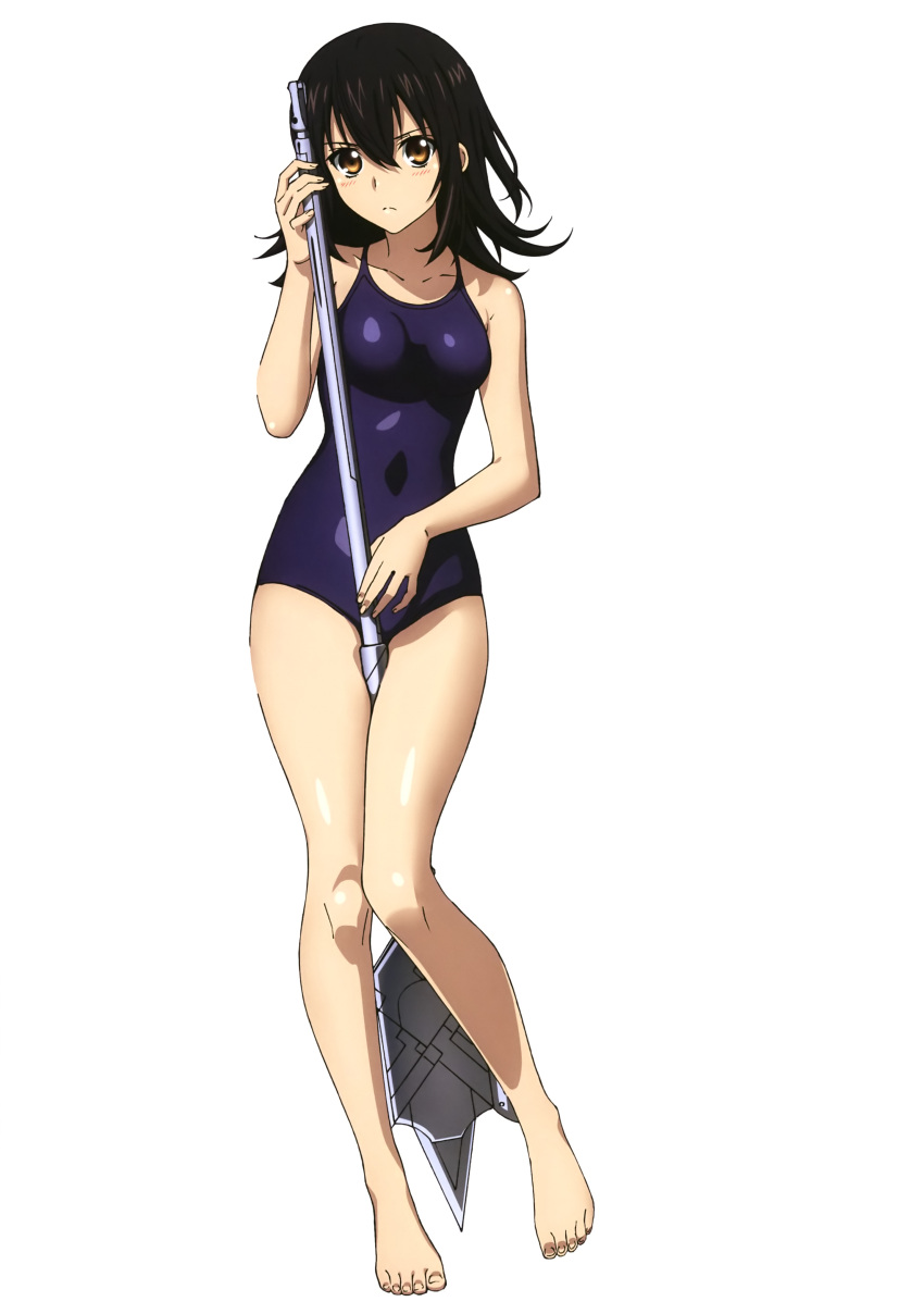 1girl absurdres barefoot black_hair blue_swimsuit breasts brown_eyes collarbone full_body hair_between_eyes highres himeragi_yukina holding holding_spear holding_weapon long_hair looking_at_viewer medium_breasts official_art polearm school_swimsuit shiny shiny_skin simple_background solo spear standing strike_the_blood swimsuit weapon white_background