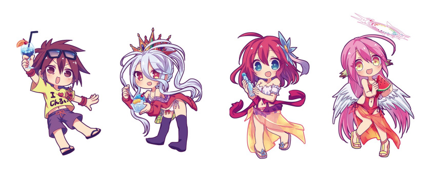 1boy 3girls :d angel_wings bikini blue_eyes blue_hair blush brown_eyes brown_hair chibi clothes_writing cocktail commentary_request cross crown eyewear_on_head feathered_wings flower food fruit hair_flower hair_ornament halo highres ice_cream jibril_(no_game_no_life) long_hair low_wings magic_circle messy_hair multiple_girls navel no_game_no_life open_mouth pink_hair ramune red_eyes redhead shiro_(no_game_no_life) shirt shorts smile sora_(no_game_no_life) stephanie_dora swimsuit symbol-shaped_pupils t-shirt thigh-highs very_long_hair watermelon white_wings wing_ears wings yellow_eyes yuiti43