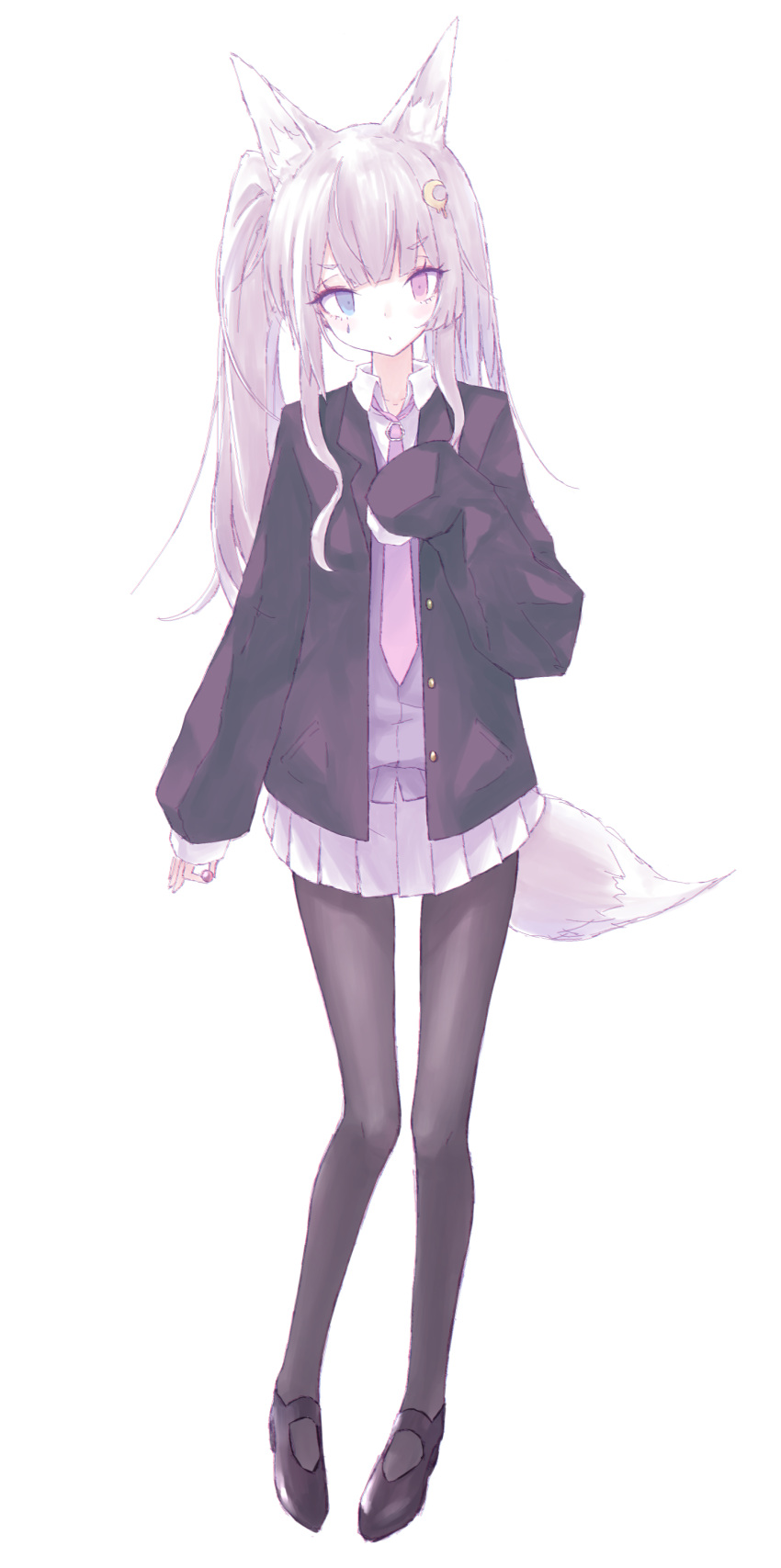1girl absurdres animal_ear_fluff animal_ears bangs black_footwear black_jacket black_legwear blazer blue_eyes blush buran_(kure) cardigan closed_mouth collared_shirt commentary_request crescent crescent_hair_ornament eyebrows_visible_through_hair fox_ears fox_girl fox_tail full_body hair_ornament head_tilt heterochromia highres holding jacket long_hair long_sleeves looking_at_viewer nail_polish necktie open_blazer open_clothes open_jacket original pantyhose pink_nails pleated_skirt purple_cardigan red_eyes shirt shoes skirt sleeves_past_wrists solo standing tail twintails white_shirt white_skirt