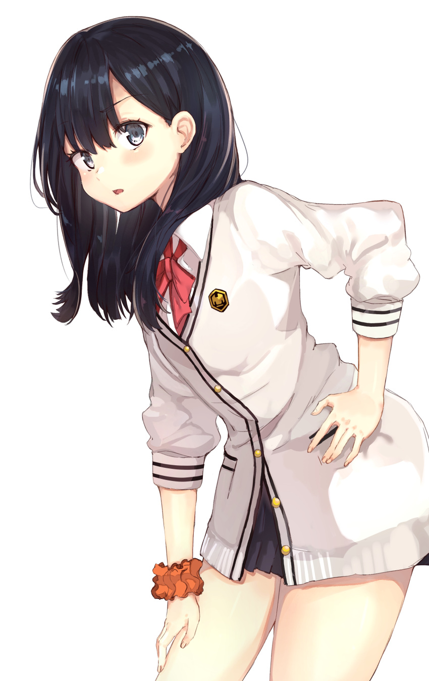 1girl absurdres bangs black_hair blush bow bowtie buttons cardigan commentary_request cowboy_shot emblem eyebrows_visible_through_hair fingernails grey_eyes hair_behind_ear hand_on_hip hand_on_own_thigh highres leaning_forward long_hair long_sleeves looking_at_viewer miniskirt open_mouth pleated_skirt ranf red_neckwear school_uniform scrunchie simple_background skirt solo ssss.gridman standing takarada_rikka white_background wrist_scrunchie