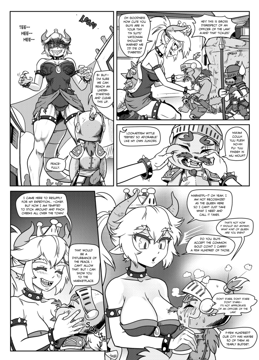 1girl armor bangs bare_shoulders black_nails bowsette bracelet cheek_pinching collar commentary crown dress english english_commentary hair_between_eyes highres jewelry left-to-right_manga super_mario_bros. md5_mismatch nail_polish new_super_mario_bros._u_deluxe nintendo pencils_(artist) pinching sharp_teeth spiked_collar spikes strapless super_crown teeth turtle_shell