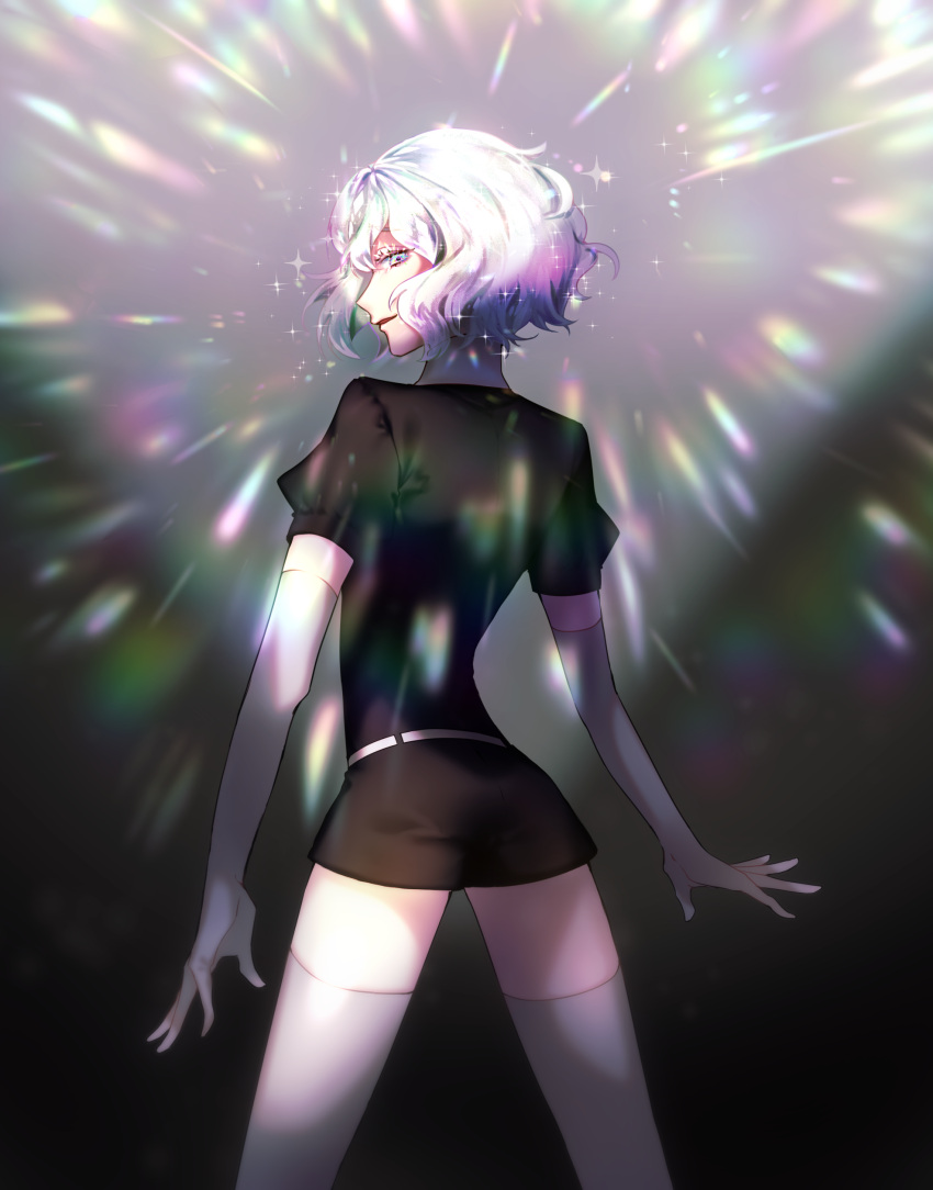 1other absurdres androgynous crystal_hair diamond_(houseki_no_kuni) elbow_gloves eyebrows_visible_through_hair gem_uniform_(houseki_no_kuni) gloves glowing glowing_hair highres houseki_no_kuni looking_at_viewer looking_back multicolored multicolored_eyes multicolored_hair rainbow_eyes rainbow_hair short_hair smile solo sparkle thick_eyebrows thigh-highs wavy_hair