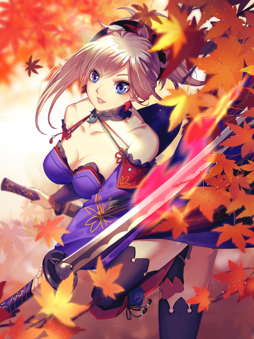 1girl asymmetrical_hair autumn_leaves bare_shoulders black_legwear blue_eyes blue_kimono breasts charlenechan925 cleavage collarbone detached_sleeves dual_wielding earrings fate/grand_order fate_(series) hair_ornament highres holding holding_sword holding_weapon japanese_clothes jewelry katana kimono large_breasts leaf_print lips looking_at_viewer magatama maple_leaf_print miyamoto_musashi_(fate/grand_order) obi pink_hair ponytail sash sheath sheathed short_kimono sleeveless sleeveless_kimono solo sword thigh-highs weapon