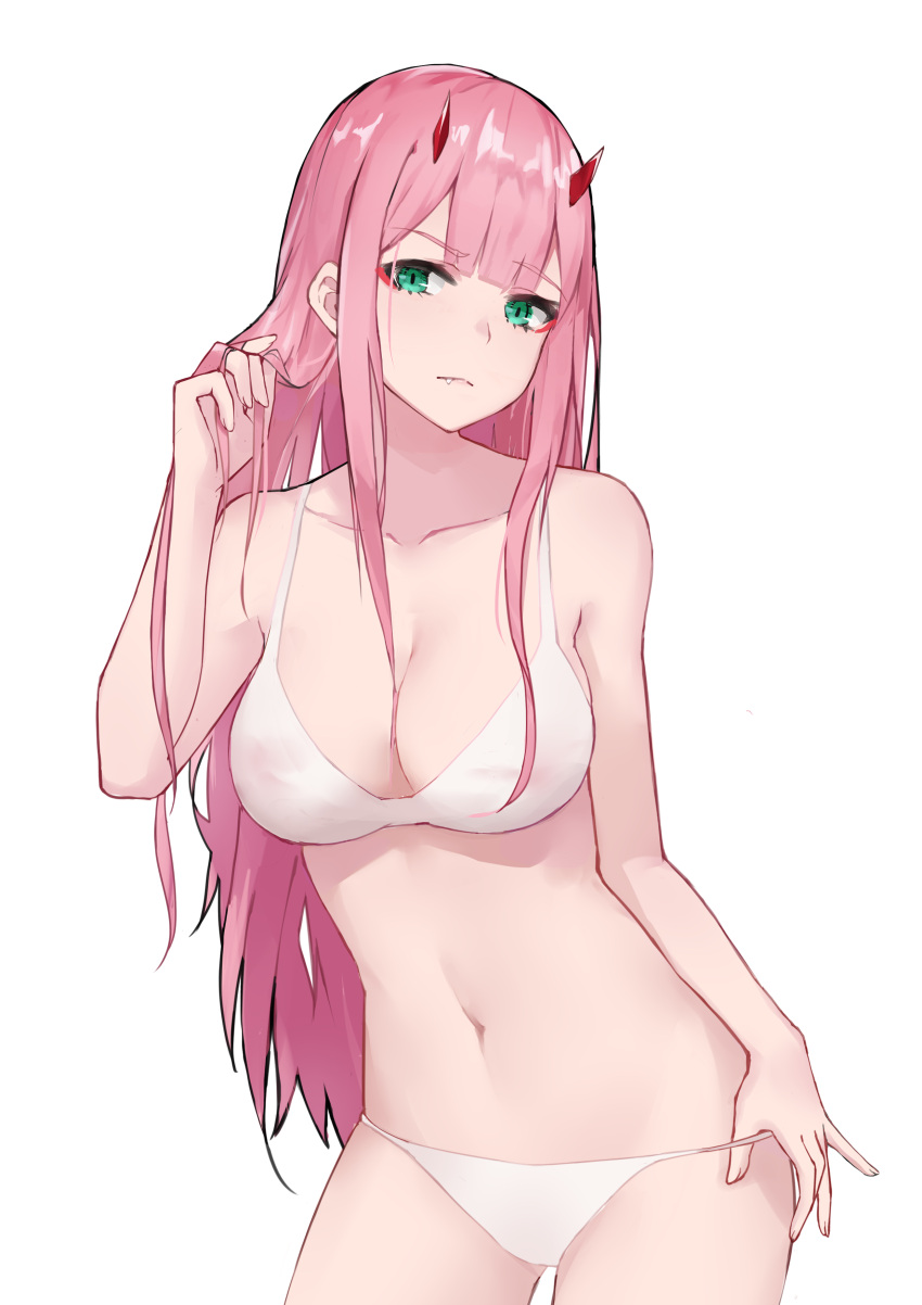 1girl absurdres bangs bra breasts collarbone contrapposto cowboy_shot darling_in_the_franxx eyebrows_visible_through_hair frown green_eyes hair_between_breasts hair_twirling highres long_hair looking_at_viewer medium_breasts navel oni_horns panties pink_hair red_horns simple_background solo straight_hair underwear underwear_only very_long_hair white_background white_bra white_panties yoruciel zero_two_(darling_in_the_franxx)