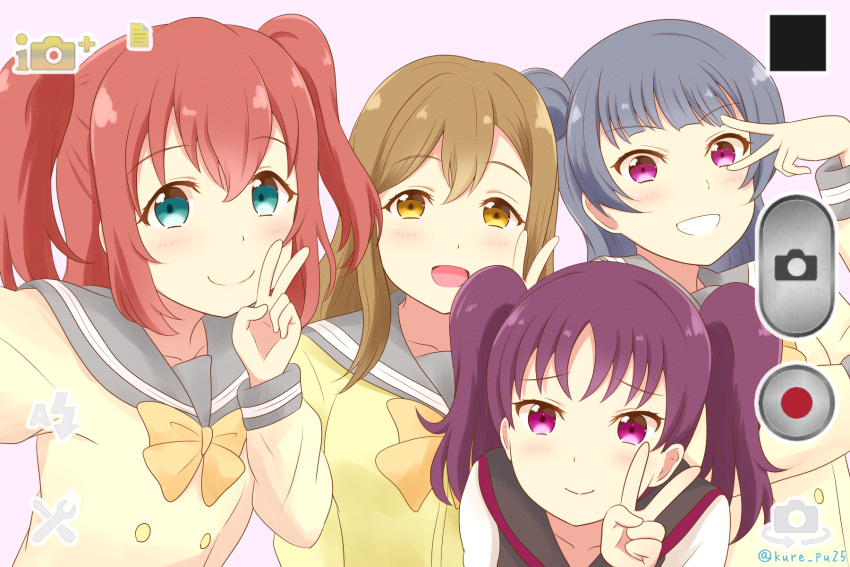 4girls :d bangs blue_eyes blue_hair bow bowtie brown_hair eyebrows_visible_through_hair grin group_picture highres kazuno_leah kousaka_kure kunikida_hanamaru kurosawa_ruby long_hair looking_at_viewer love_live! love_live!_sunshine!! multiple_girls open_mouth purple_hair redhead school_uniform self_shot serafuku short_hair side_bun smile tsushima_yoshiko twintails upper_body uranohoshi_school_uniform v v_over_eye viewfinder violet_eyes yellow_cardigan yellow_eyes yellow_neckwear