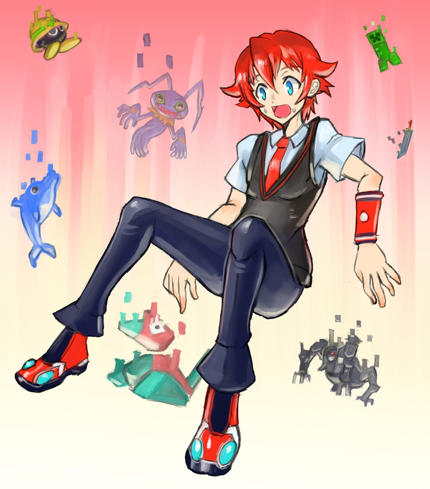 1boy blue_eyes creatures_(company) creeper digimon dolphin falling final_fantasy game_freak gen_1_pokemon gradient gradient_background hibiki_yuuta highres keramon male_focus metool minecraft necktie nintendo omega_(final_fantasy) oomasa_teikoku open_mouth pokemon porygon red_neckwear redhead rockman school_uniform solo ssss.gridman sweatdrop sweater_vest