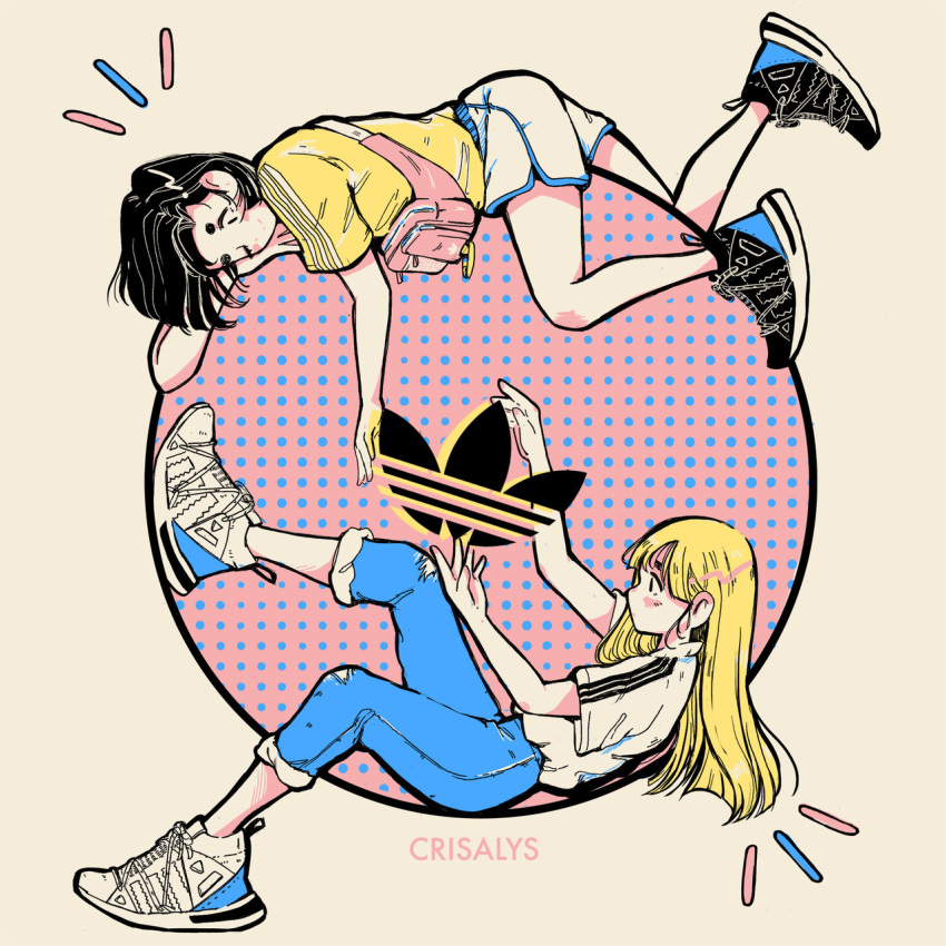 2girls adidas bangs black_footwear black_hair blonde_hair blunt_bangs circle crisalys denim expressionless highres jeans logo long_hair lying multiple_girls one_eye_closed original pants shirt shoes short_hair short_sleeves shorts smile sneakers white_footwear white_shirt yellow_shirt